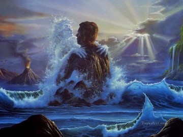  wave Oil Painting - love of wave and rock Fantasy